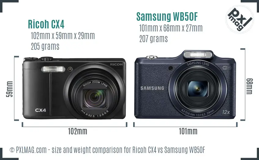 Ricoh CX4 vs Samsung WB50F size comparison