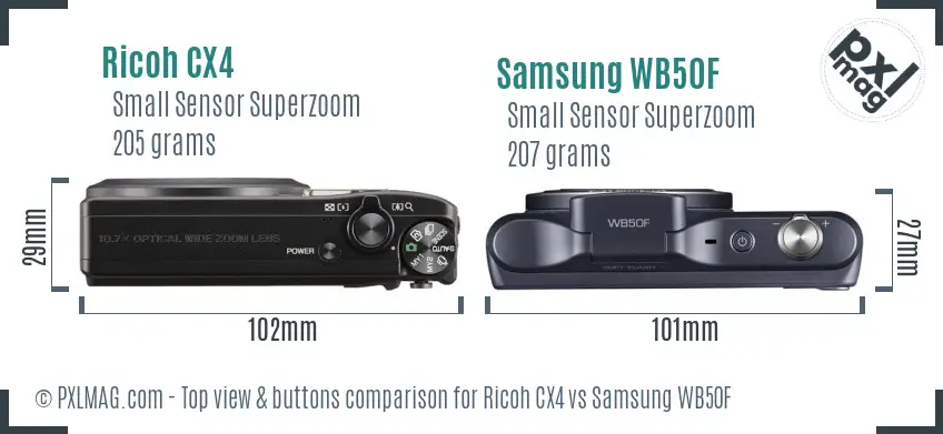 Ricoh CX4 vs Samsung WB50F top view buttons comparison
