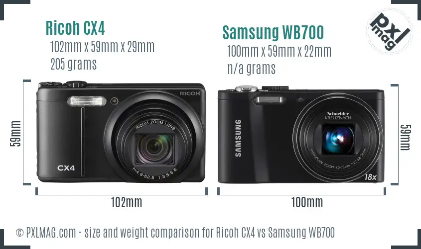 Ricoh CX4 vs Samsung WB700 size comparison