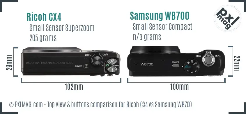 Ricoh CX4 vs Samsung WB700 top view buttons comparison