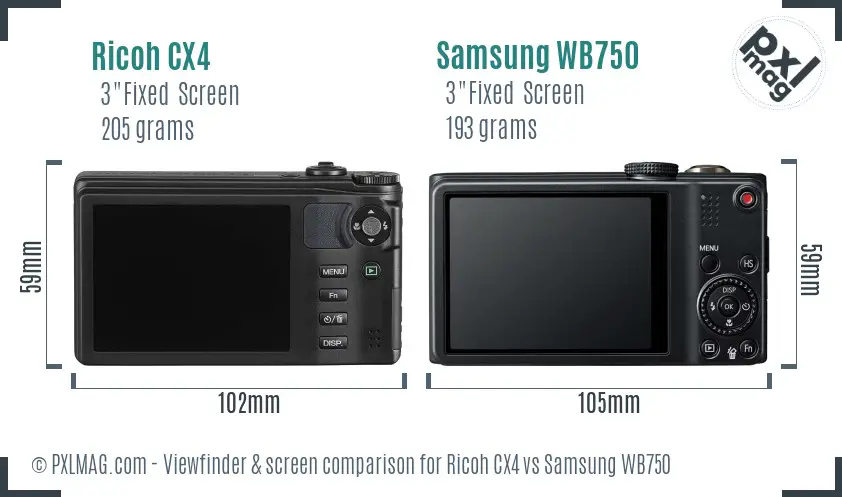 Ricoh CX4 vs Samsung WB750 Screen and Viewfinder comparison