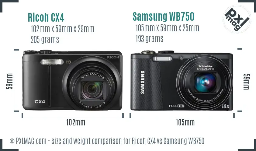 Ricoh CX4 vs Samsung WB750 size comparison