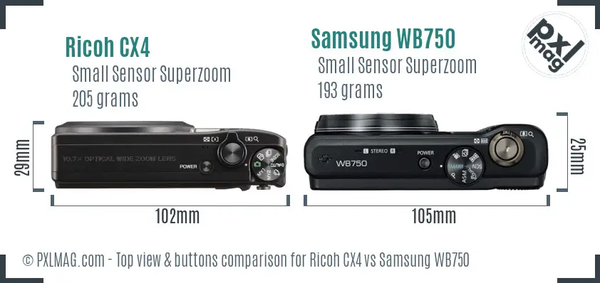 Ricoh CX4 vs Samsung WB750 top view buttons comparison
