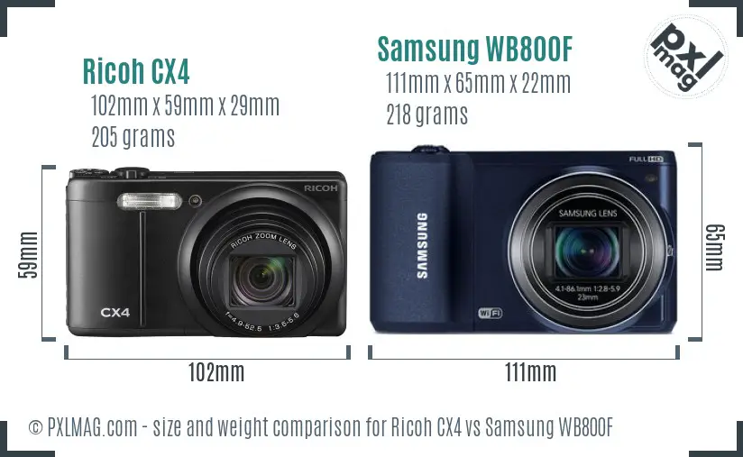 Ricoh CX4 vs Samsung WB800F size comparison
