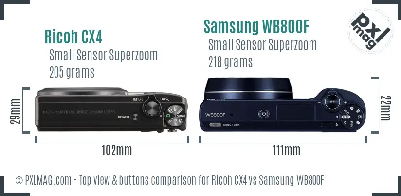 Ricoh CX4 vs Samsung WB800F top view buttons comparison