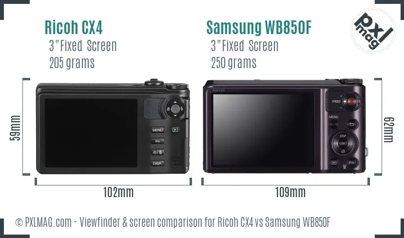 Ricoh CX4 vs Samsung WB850F Screen and Viewfinder comparison