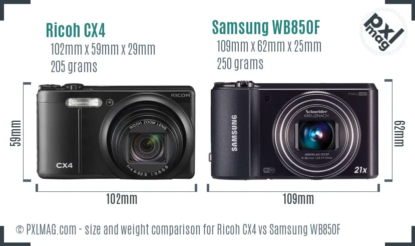 Ricoh CX4 vs Samsung WB850F size comparison
