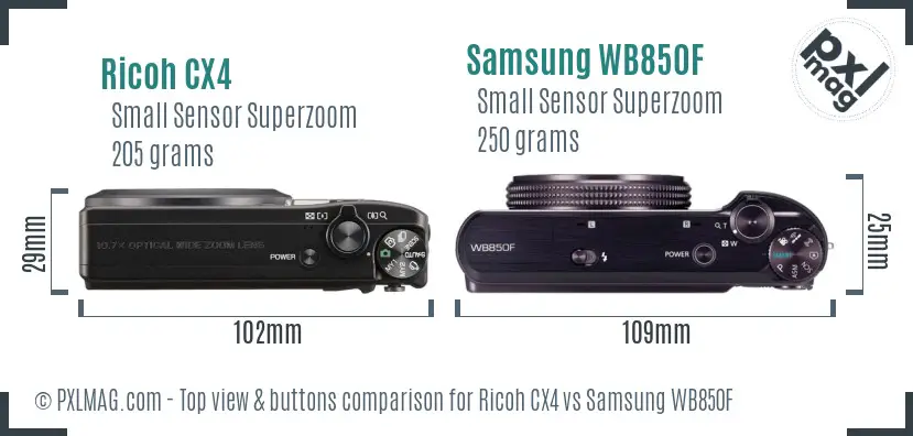 Ricoh CX4 vs Samsung WB850F top view buttons comparison