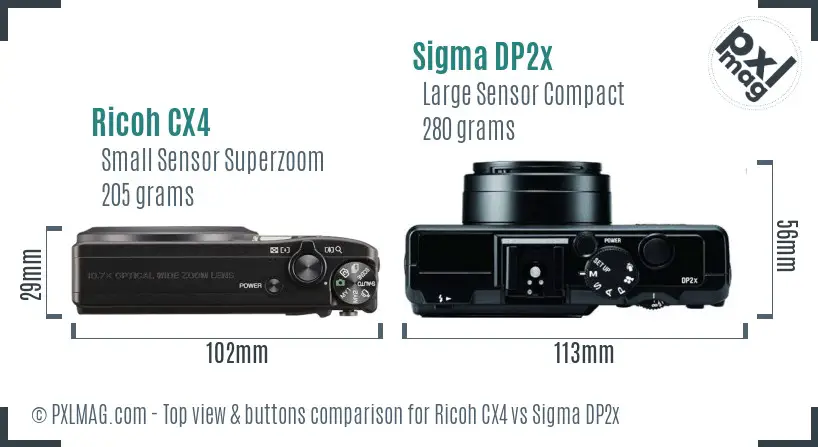 Ricoh CX4 vs Sigma DP2x top view buttons comparison