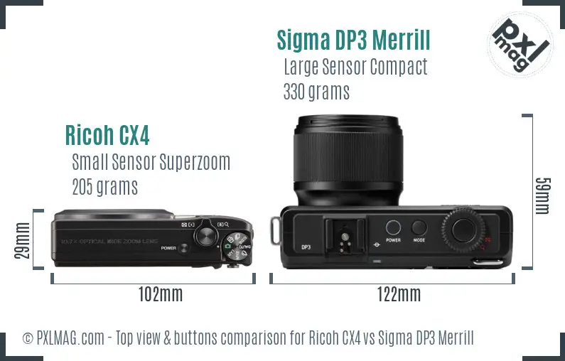 Ricoh CX4 vs Sigma DP3 Merrill top view buttons comparison