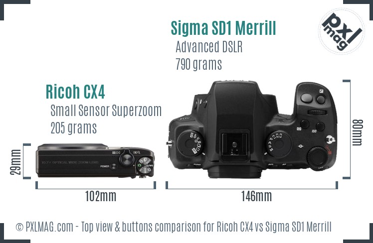 Ricoh CX4 vs Sigma SD1 Merrill top view buttons comparison