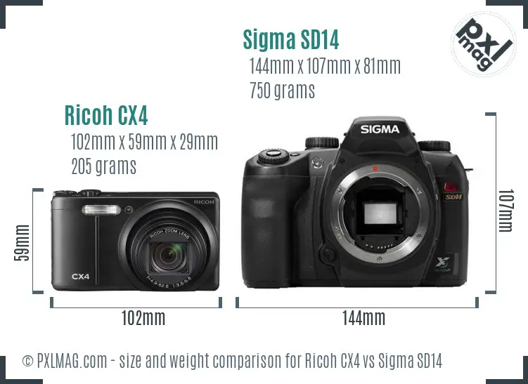 Ricoh CX4 vs Sigma SD14 size comparison