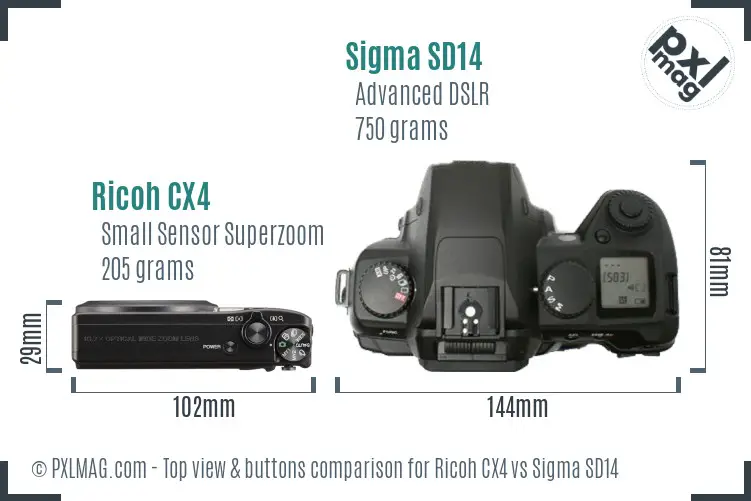 Ricoh CX4 vs Sigma SD14 top view buttons comparison