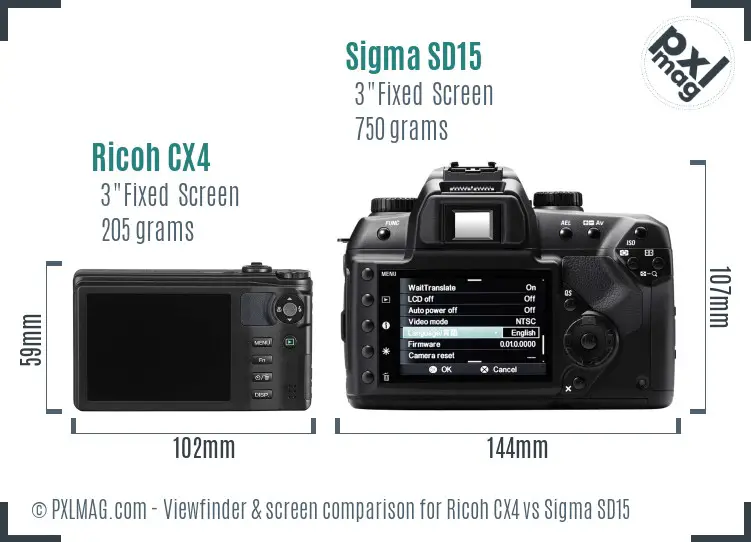 Ricoh CX4 vs Sigma SD15 Screen and Viewfinder comparison