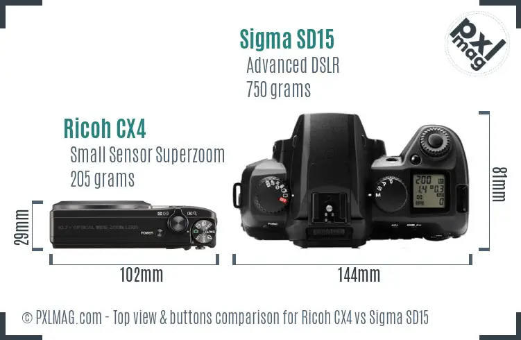 Ricoh CX4 vs Sigma SD15 top view buttons comparison