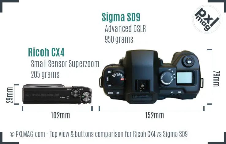 Ricoh CX4 vs Sigma SD9 top view buttons comparison