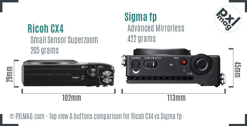 Ricoh CX4 vs Sigma fp top view buttons comparison