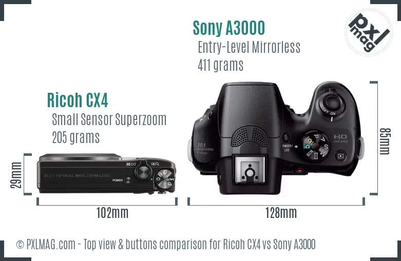 Ricoh CX4 vs Sony A3000 top view buttons comparison