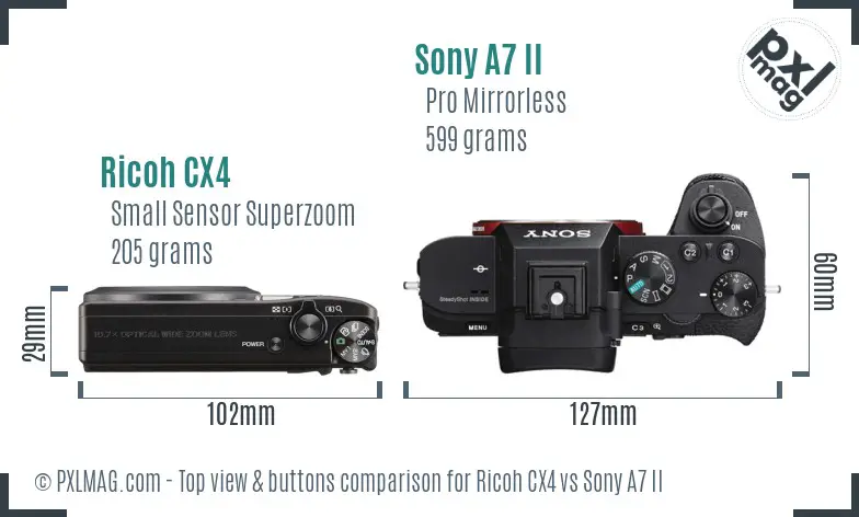 Ricoh CX4 vs Sony A7 II top view buttons comparison