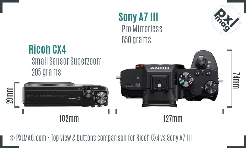 Ricoh CX4 vs Sony A7 III top view buttons comparison