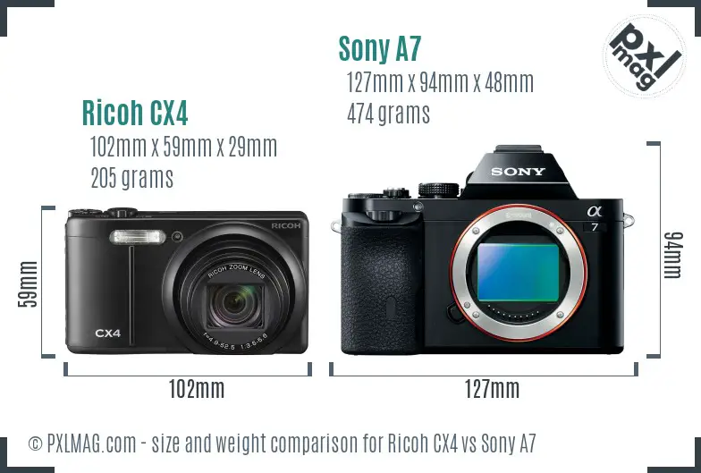 Ricoh CX4 vs Sony A7 size comparison