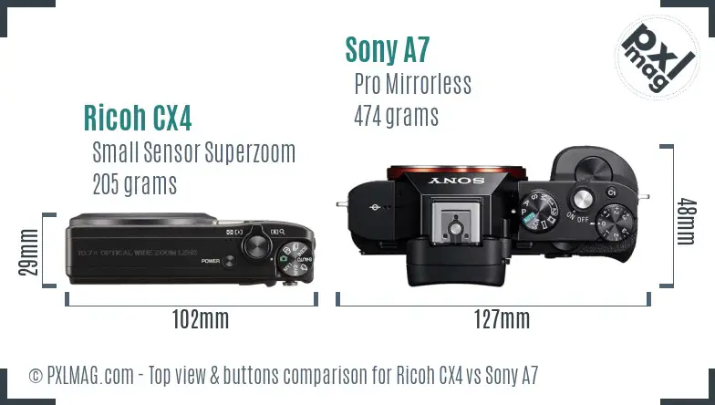 Ricoh CX4 vs Sony A7 top view buttons comparison