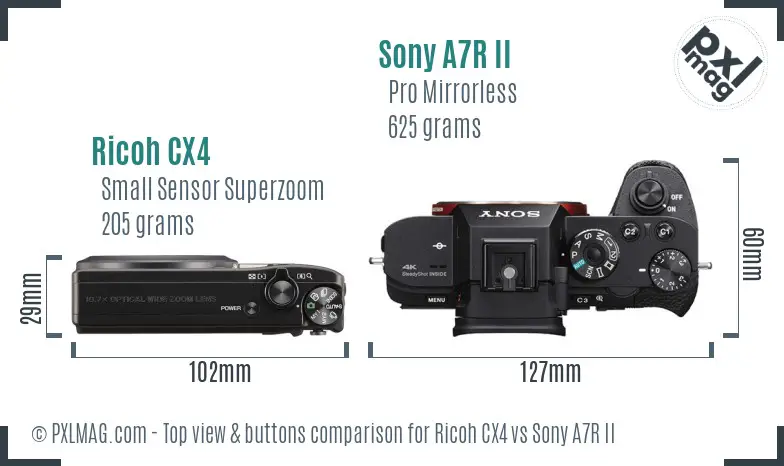 Ricoh CX4 vs Sony A7R II top view buttons comparison
