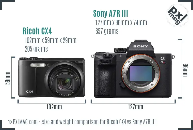 Ricoh CX4 vs Sony A7R III size comparison