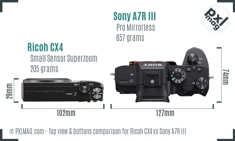 Ricoh CX4 vs Sony A7R III top view buttons comparison