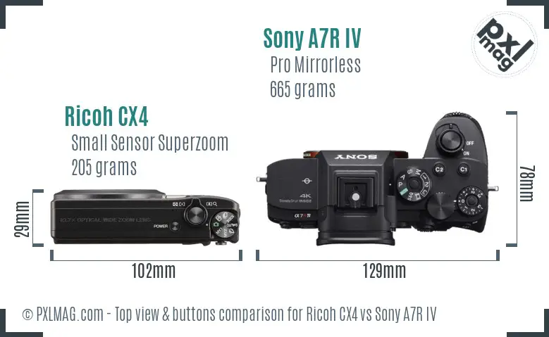 Ricoh CX4 vs Sony A7R IV top view buttons comparison