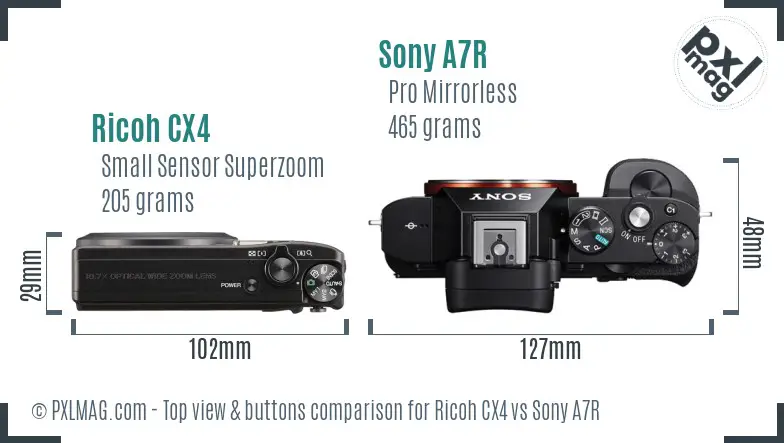 Ricoh CX4 vs Sony A7R top view buttons comparison