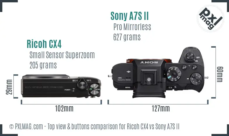 Ricoh CX4 vs Sony A7S II top view buttons comparison