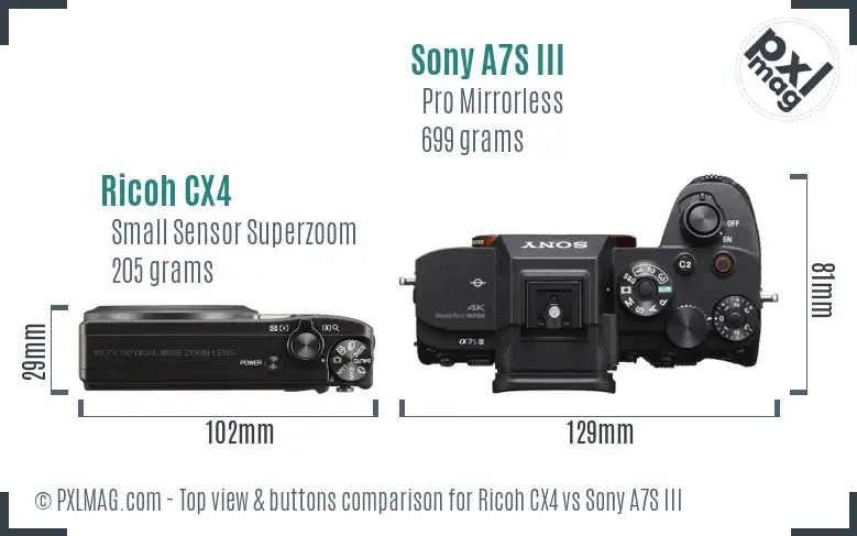 Ricoh CX4 vs Sony A7S III top view buttons comparison
