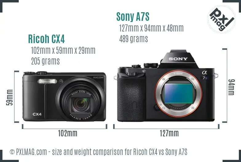 Ricoh CX4 vs Sony A7S size comparison