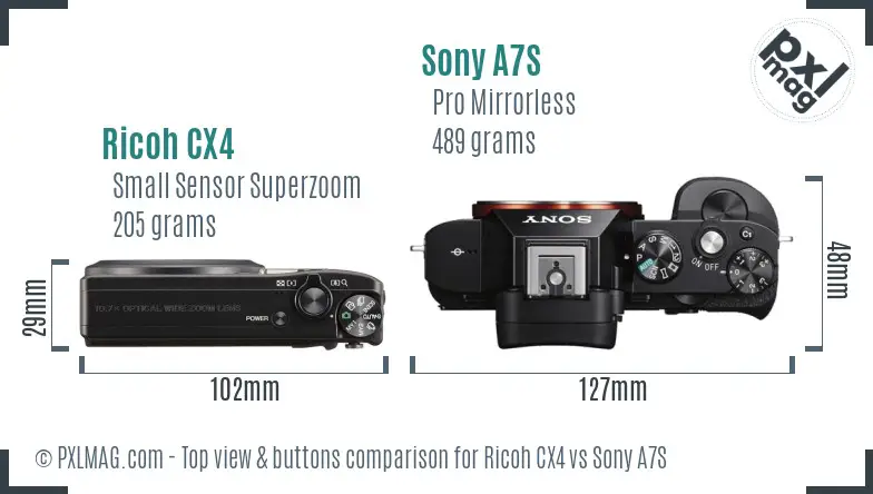 Ricoh CX4 vs Sony A7S top view buttons comparison