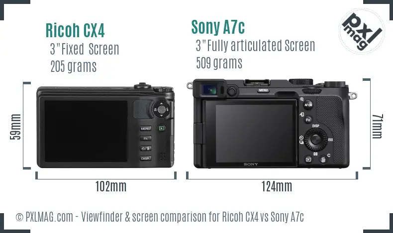 Ricoh CX4 vs Sony A7c Screen and Viewfinder comparison