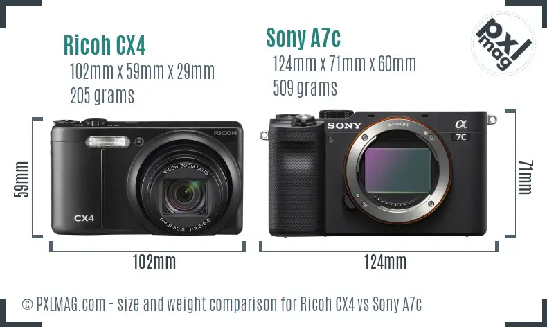 Ricoh CX4 vs Sony A7c size comparison