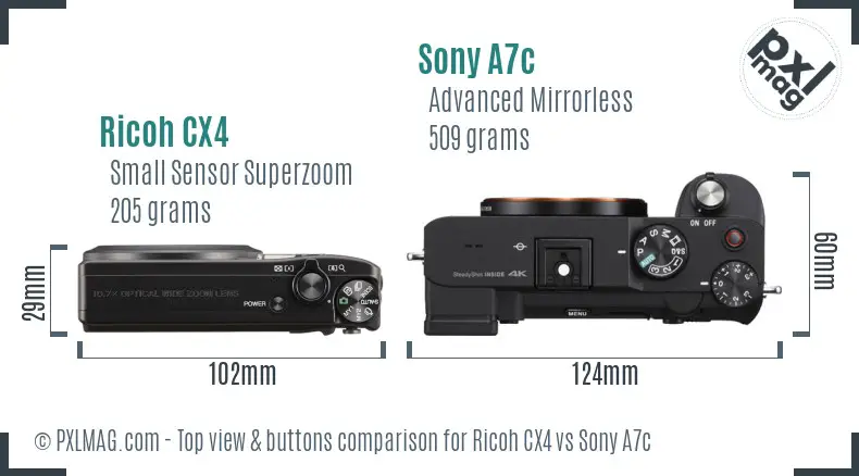 Ricoh CX4 vs Sony A7c top view buttons comparison