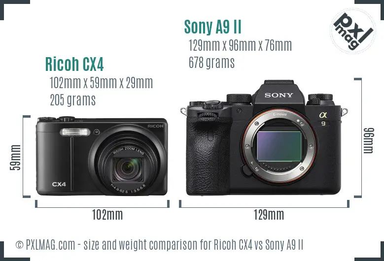 Ricoh CX4 vs Sony A9 II size comparison