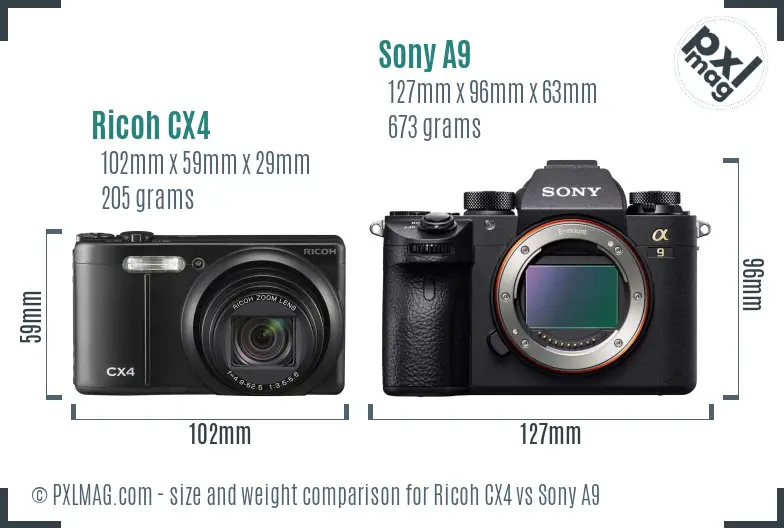 Ricoh CX4 vs Sony A9 size comparison
