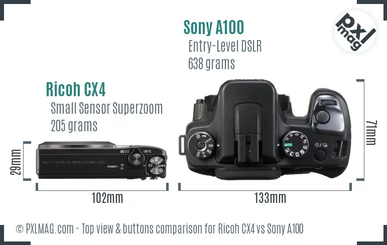 Ricoh CX4 vs Sony A100 top view buttons comparison