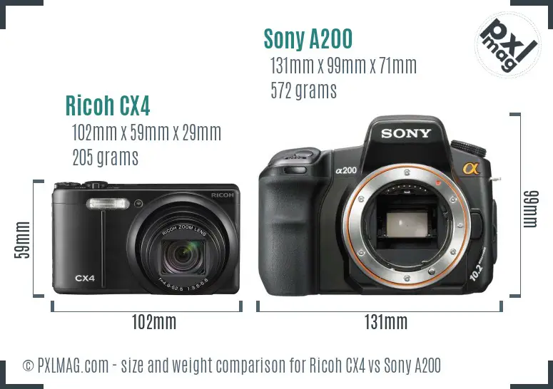 Ricoh CX4 vs Sony A200 size comparison