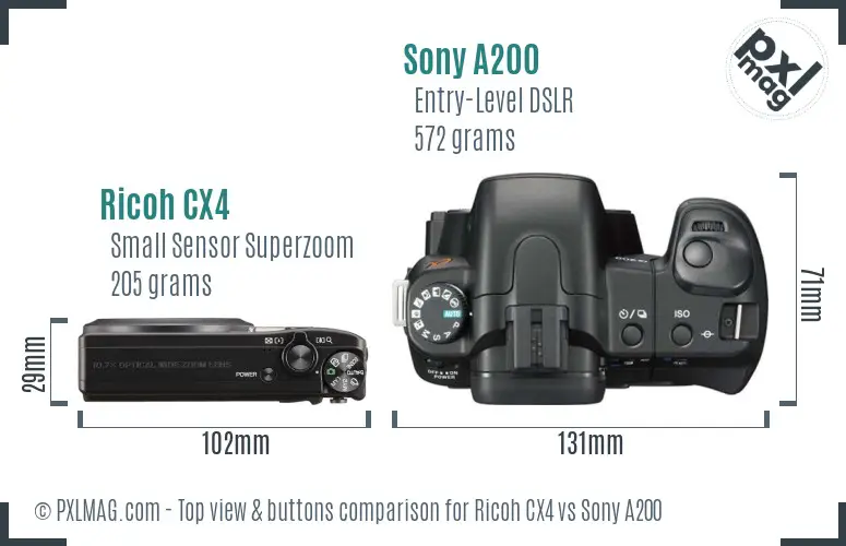 Ricoh CX4 vs Sony A200 top view buttons comparison
