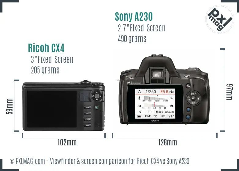 Ricoh CX4 vs Sony A230 Screen and Viewfinder comparison