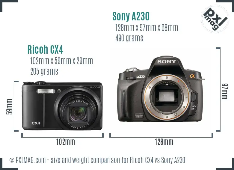 Ricoh CX4 vs Sony A230 size comparison