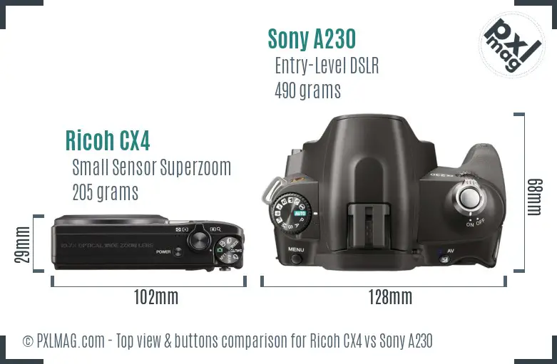 Ricoh CX4 vs Sony A230 top view buttons comparison