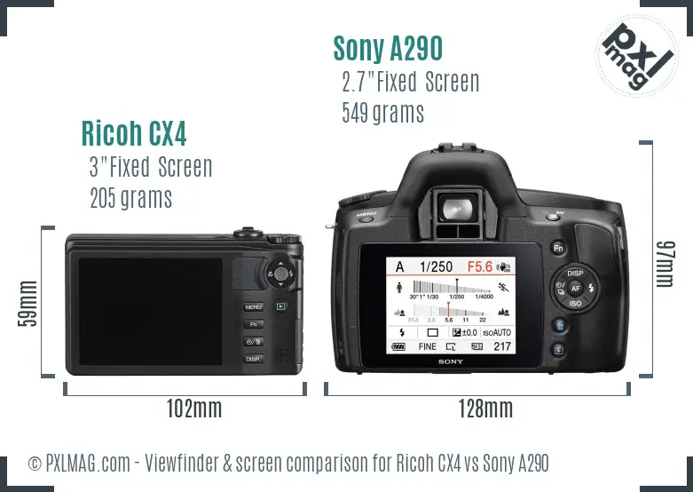 Ricoh CX4 vs Sony A290 Screen and Viewfinder comparison