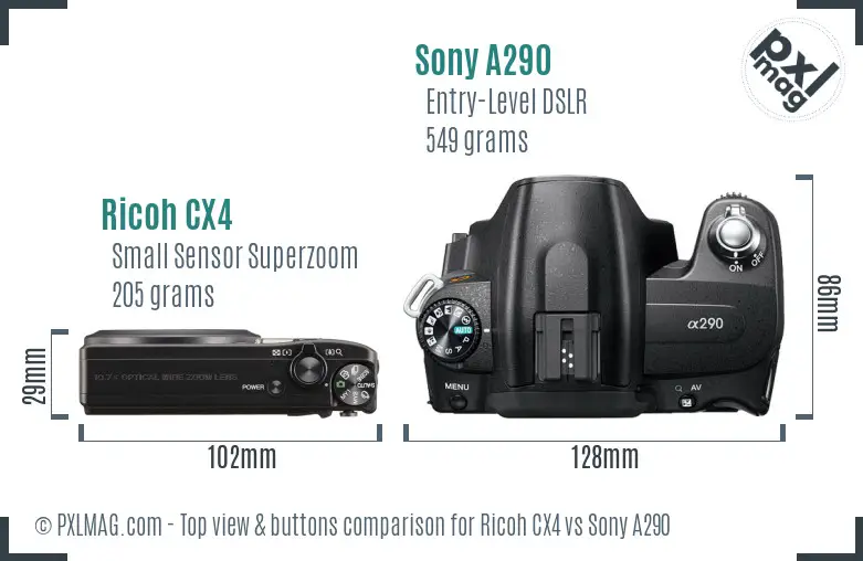 Ricoh CX4 vs Sony A290 top view buttons comparison