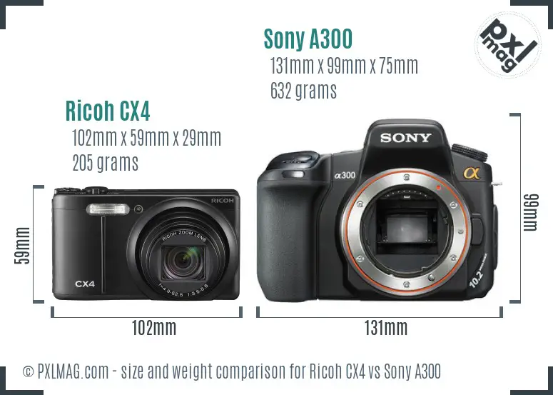 Ricoh CX4 vs Sony A300 size comparison