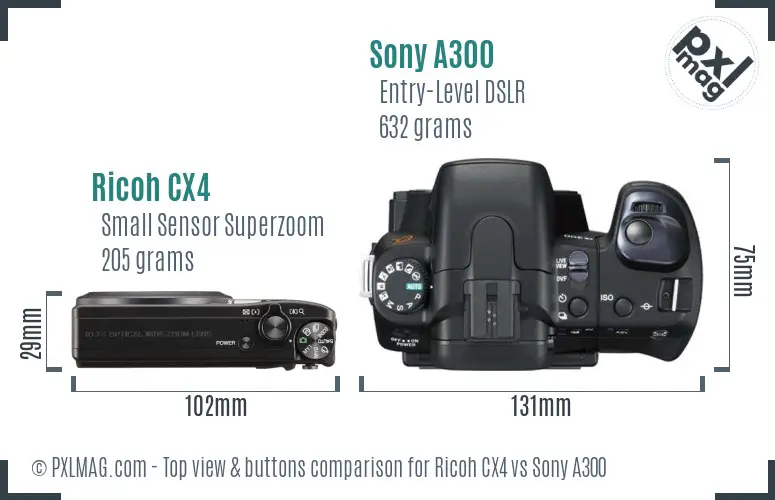 Ricoh CX4 vs Sony A300 top view buttons comparison